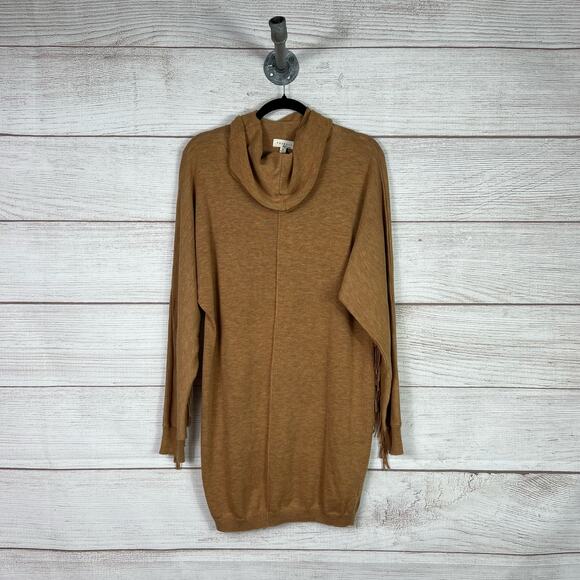 Promesa Women's Tan Mustard Wool Blend Cowlneck Fringe Back Sweater Dress - Picture 2 of 9